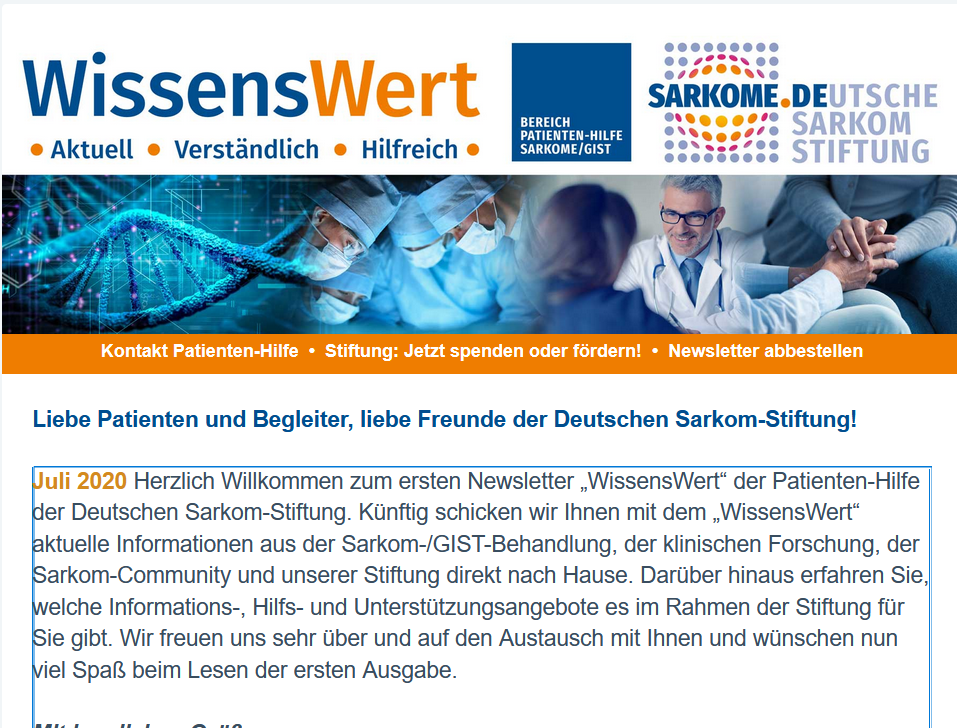 Screenshot 1 WissensWert Newsletter der Deutschen Sarkom Stiftung